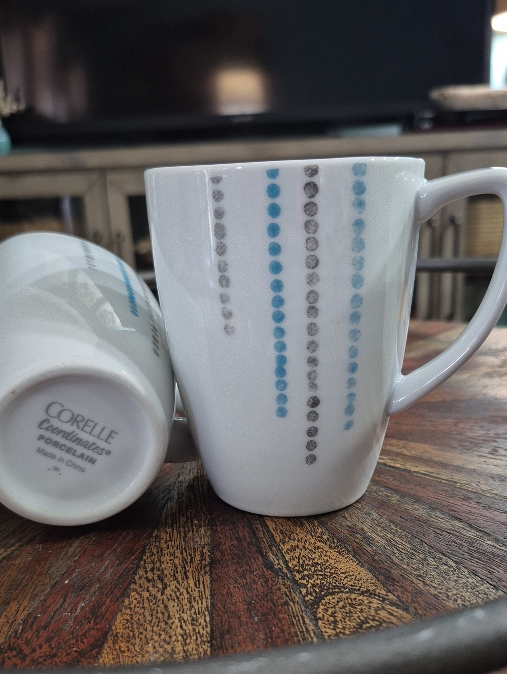 2 Corelle Coordinates Porcelain Rain Drops White Mugs w/Blue & Gray Dot Stripes